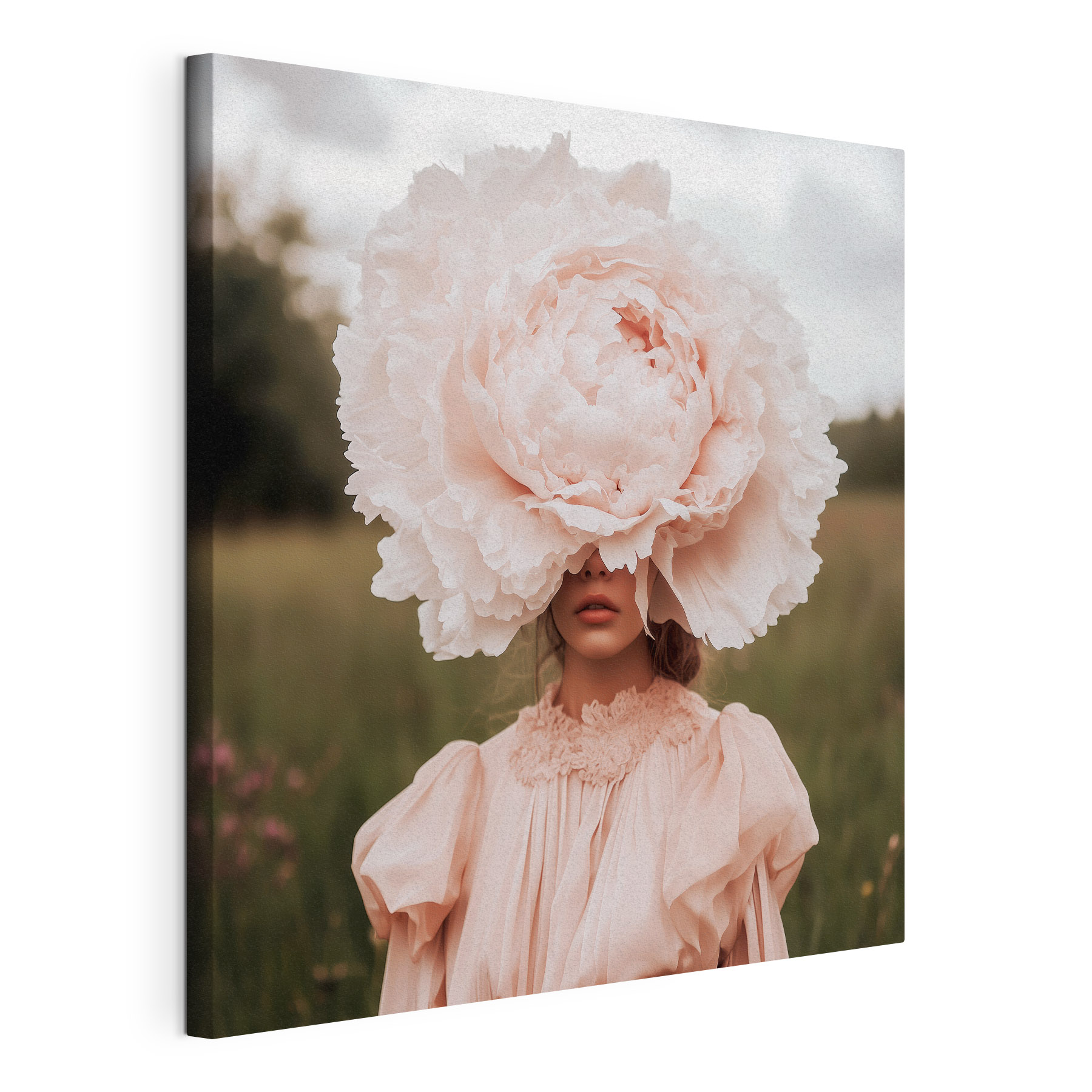 Woman in a dress with a large flower over her face