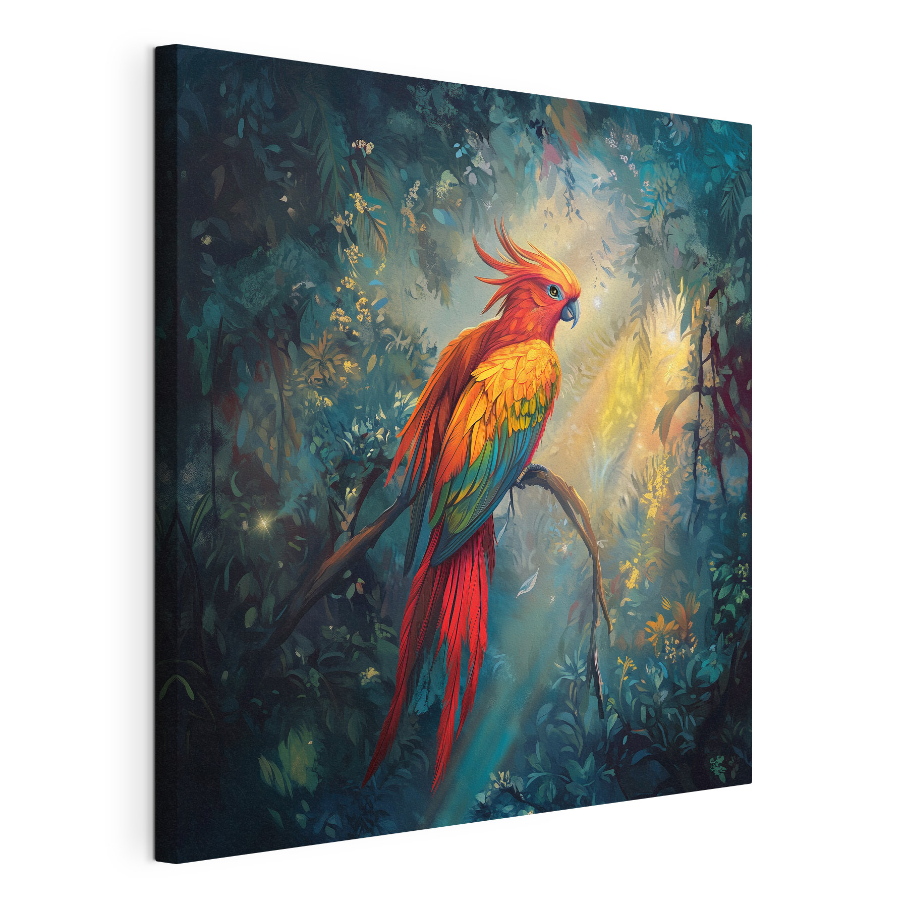 Colorful bird sitting on a branch in a forest