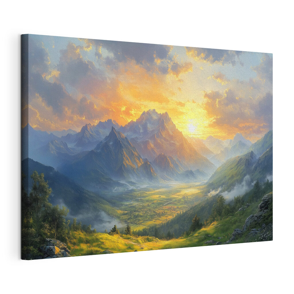 Landscape of mountains and a valley with clouds and sun Landscape of mountains and a valley with clouds and sun