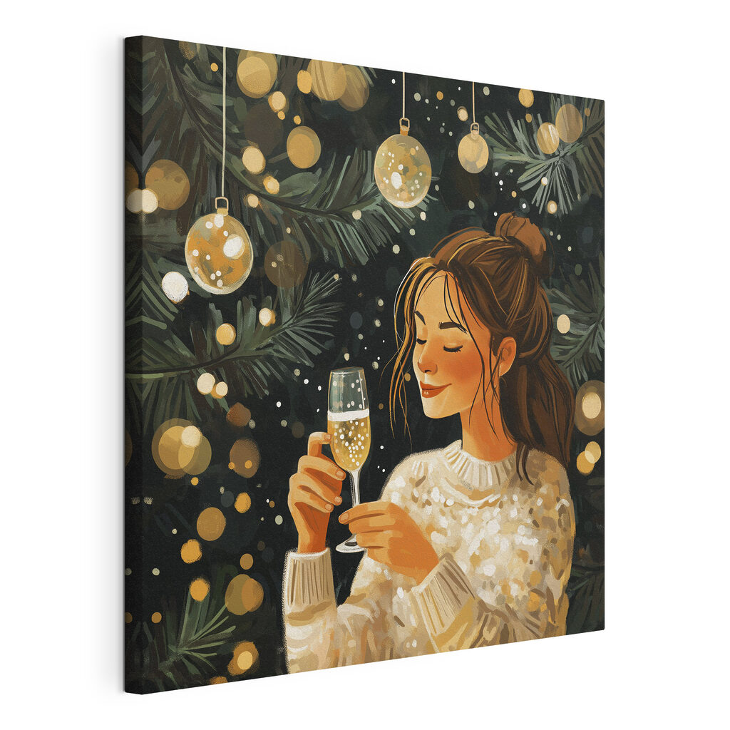 Woman holding a glass of champagne under a christmas tree Woman holding a glass of champagne under a christmas tree