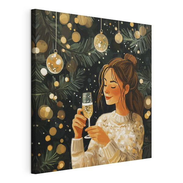 Cuadros Cuadros Una mujer con una copa de champán en la mano junto a un árbol de Navidad (SKU: s42102)