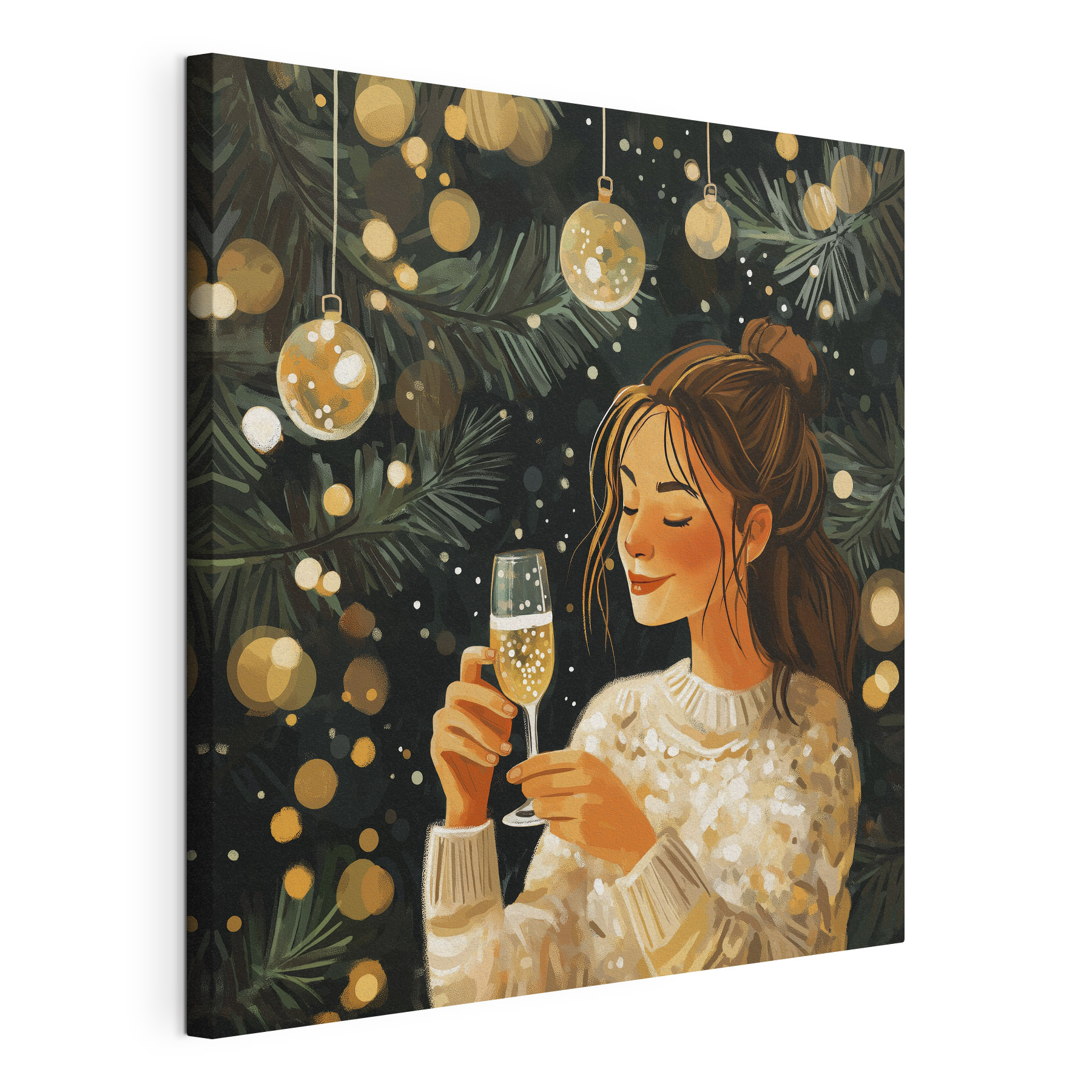Woman holding a glass of champagne under a christmas tree Woman holding a glass of champagne under a christmas tree