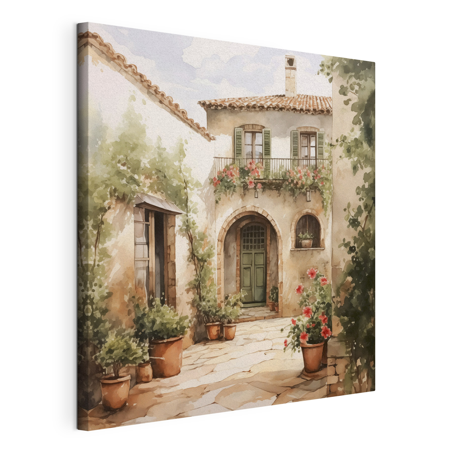 Painting of a house with potted plants Painting of a house with potted plants