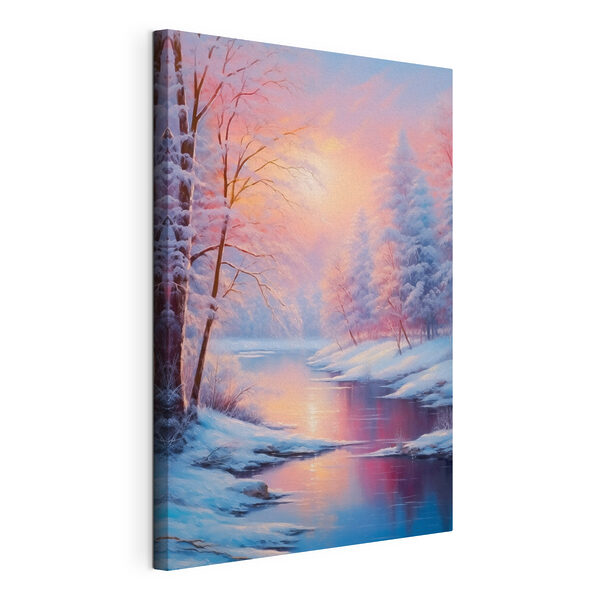 Cuadros Río con árboles cubiertos de nieve y una puesta de sol rosada (SKU: s42149) Cuadros Cuadros Río con árboles cubiertos de nieve y una puesta de sol rosada (SKU: s42149)