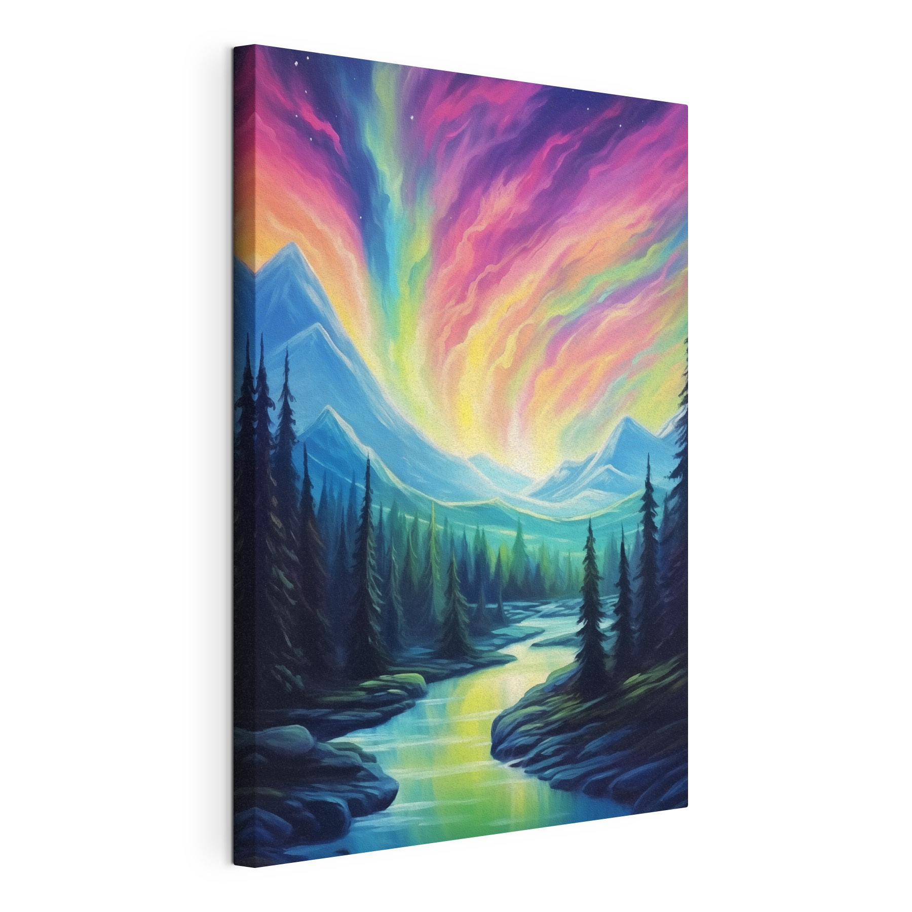 Painting of a river and mountains with trees