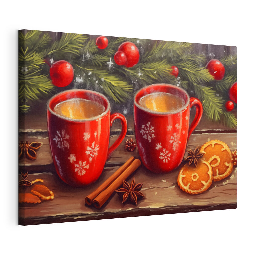 Painting of two red mugs with white patterns and cinnamon sticks and anise stars Painting of two red mugs with white patterns and cinnamon sticks and anise stars