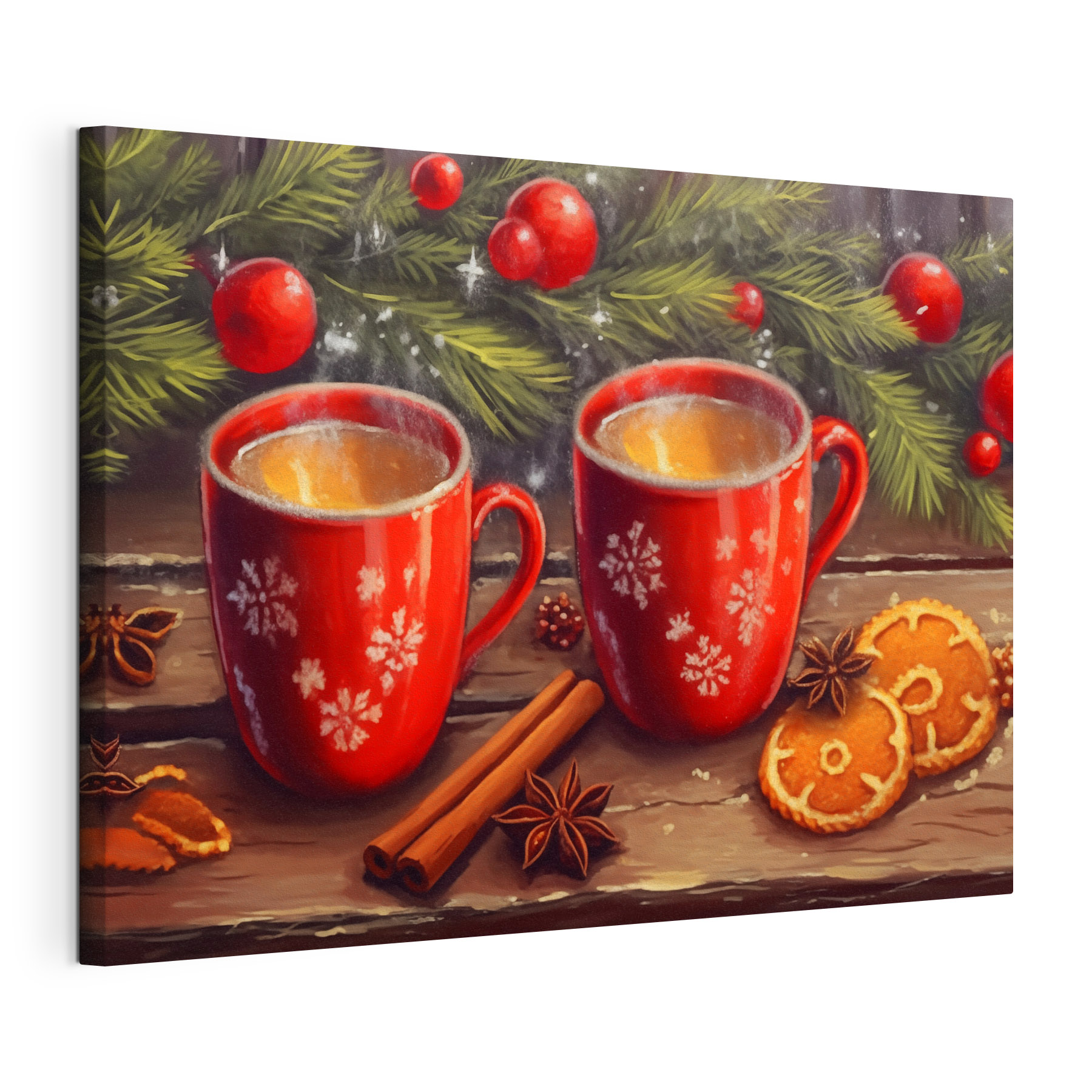 Painting of two red mugs with white patterns and cinnamon sticks and anise stars Painting of two red mugs with white patterns and cinnamon sticks and anise stars