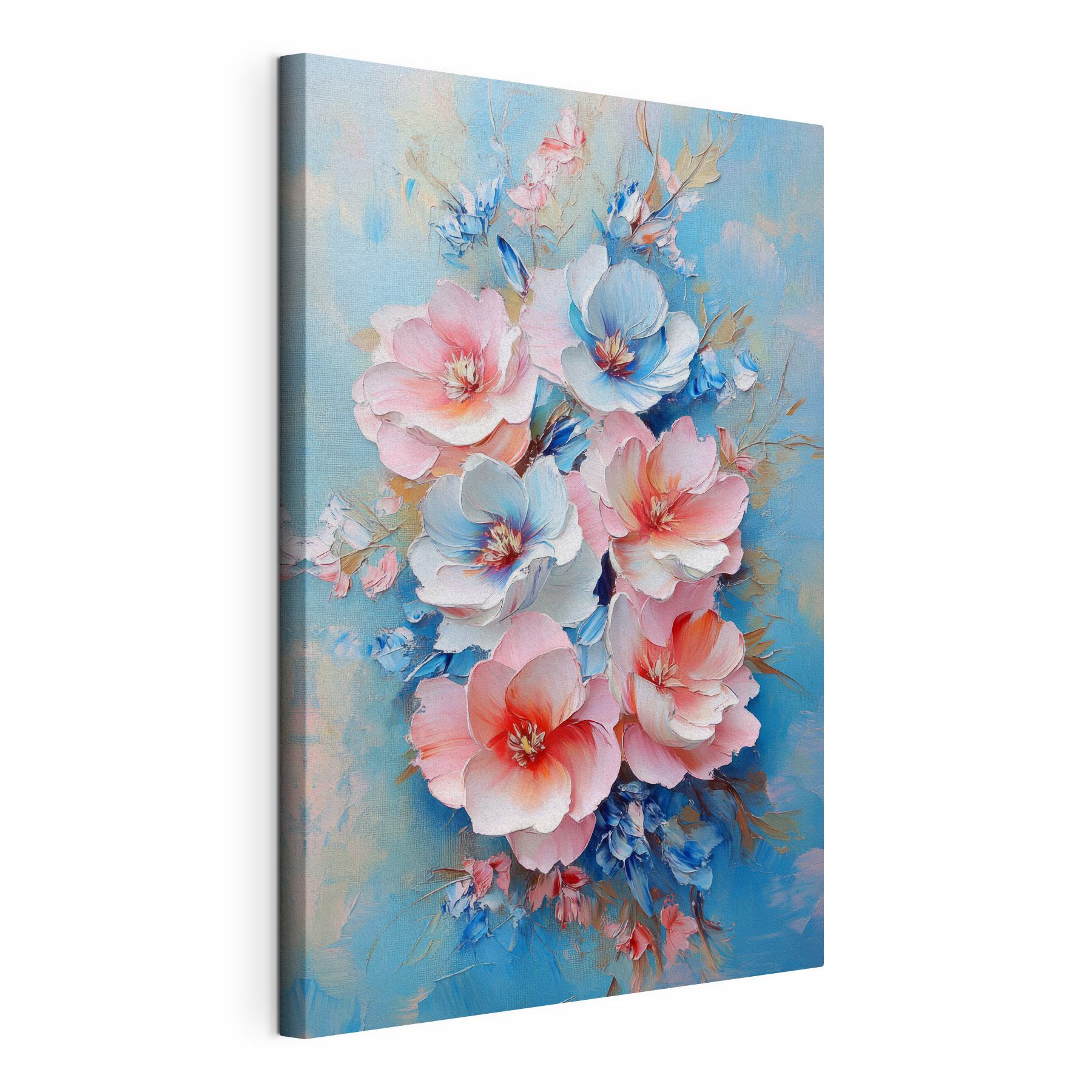 Painting of flowers on a blue surface