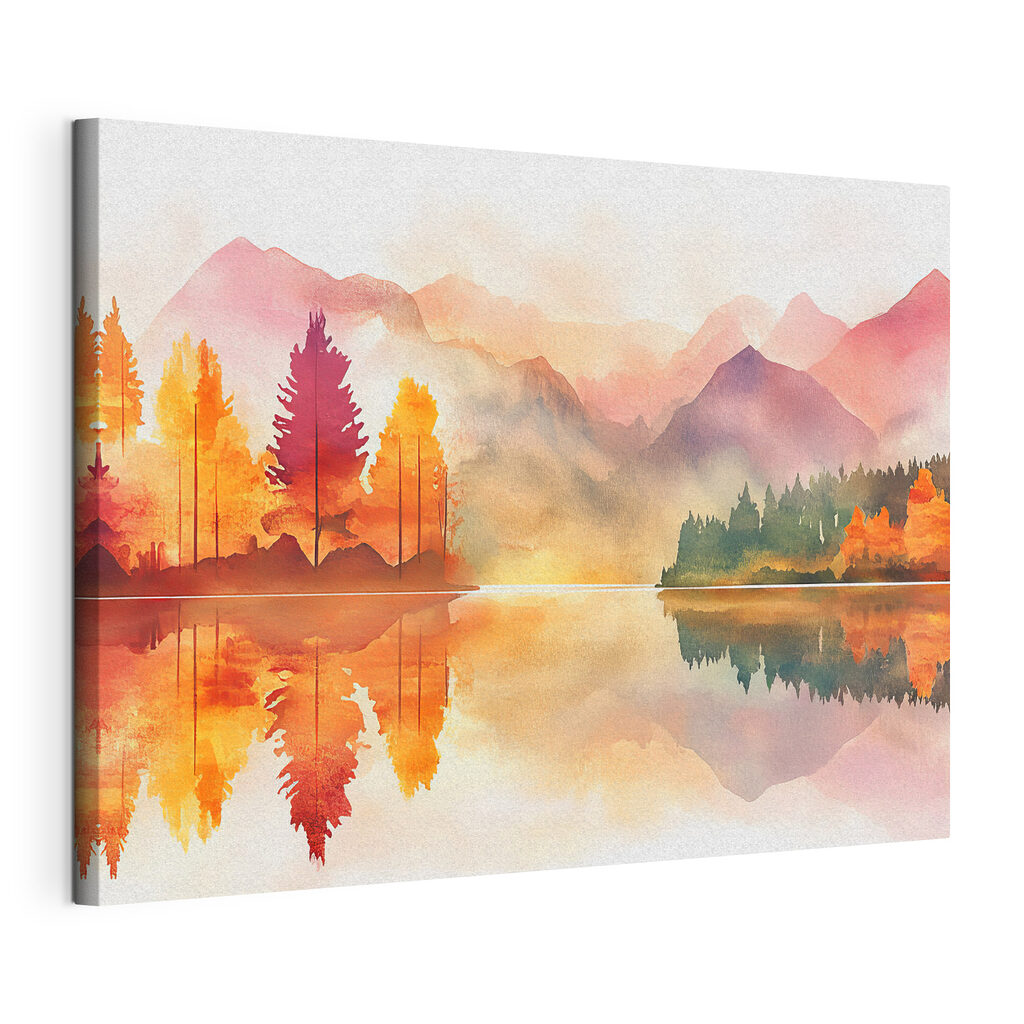 Watercolor painting of a lake with trees and mountains in the background
