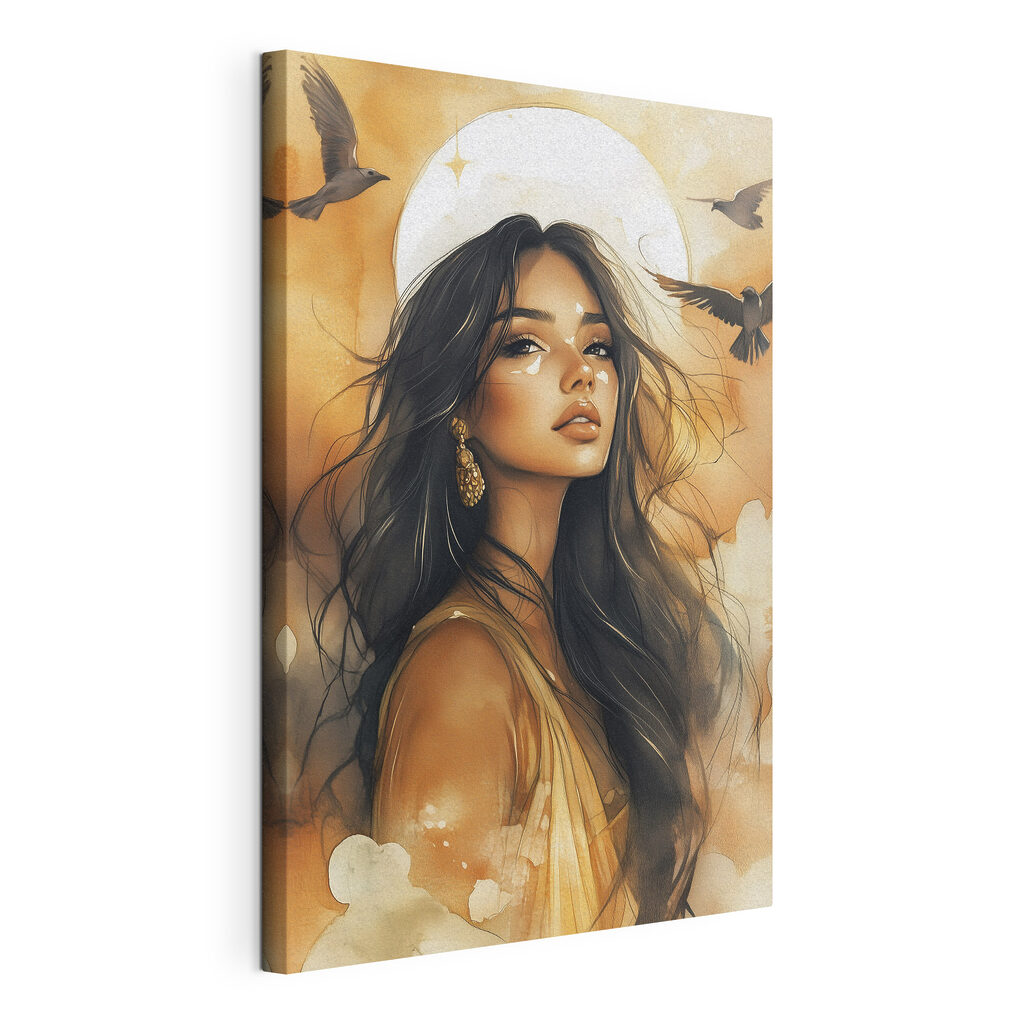 Woman with long hair and a bird flying in the sky
