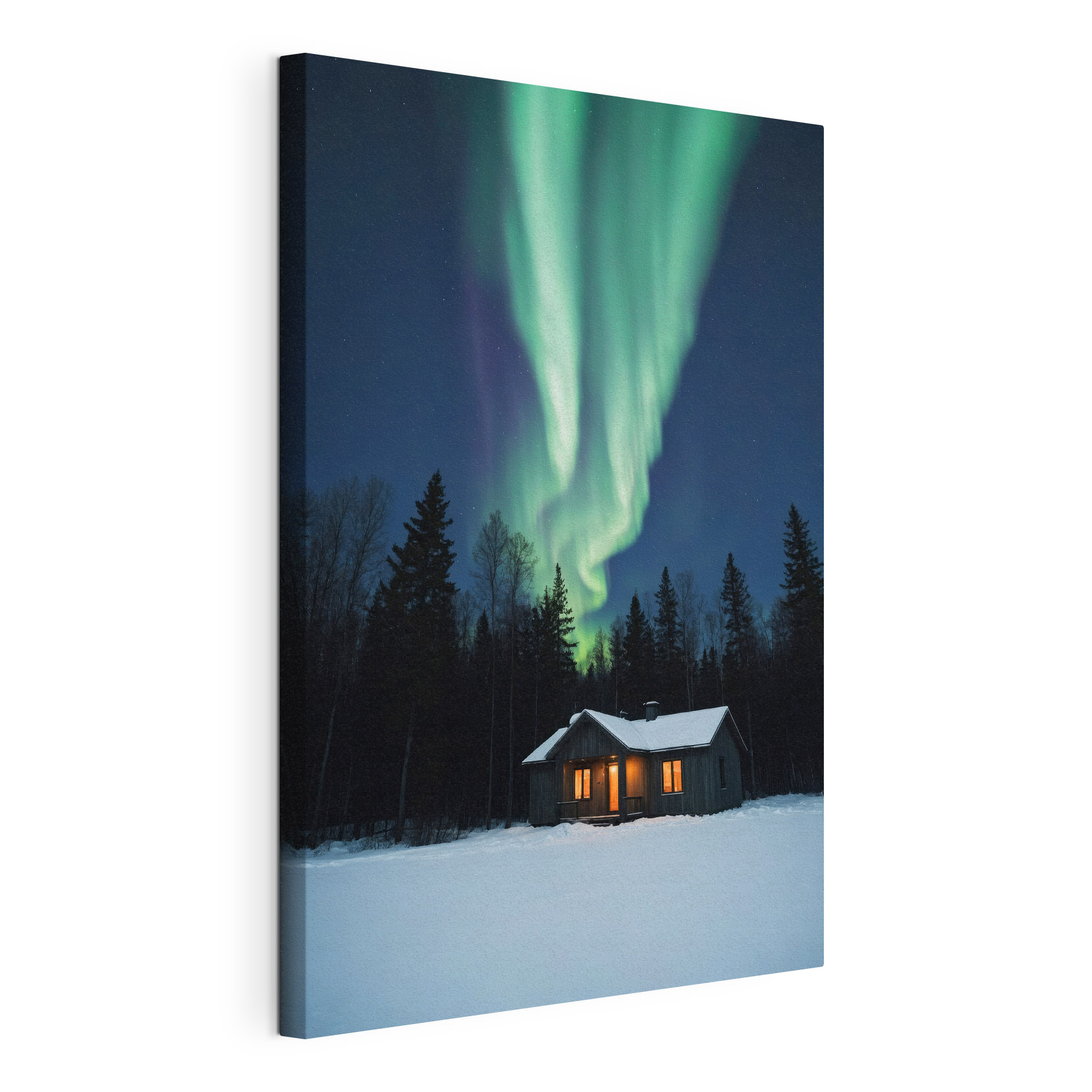 House in the snow with green lights in the sky House in the snow with green lights in the sky