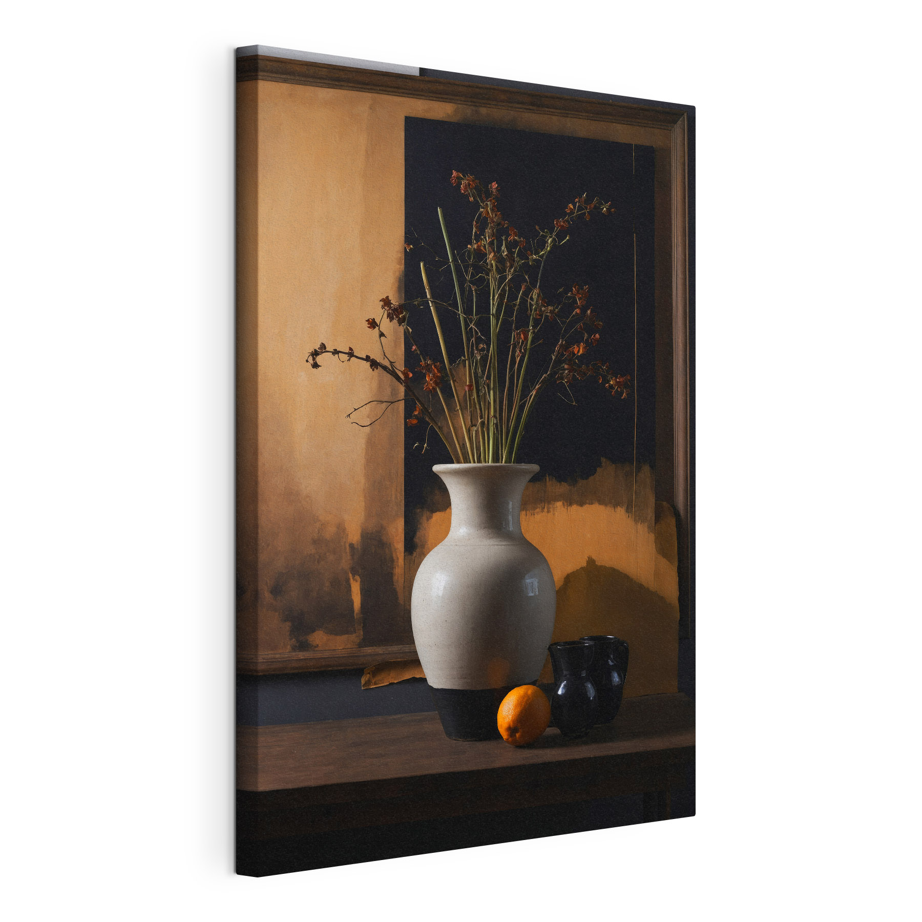 Vase with dried flowers and oranges