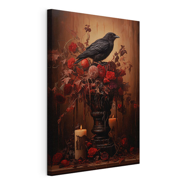 Cuadros Un pájaro negro posado sobre un jarrón con flores y velas (SKU: s42282) Cuadros Cuadros Un pájaro negro posado sobre un jarrón con flores y velas (SKU: s42282)