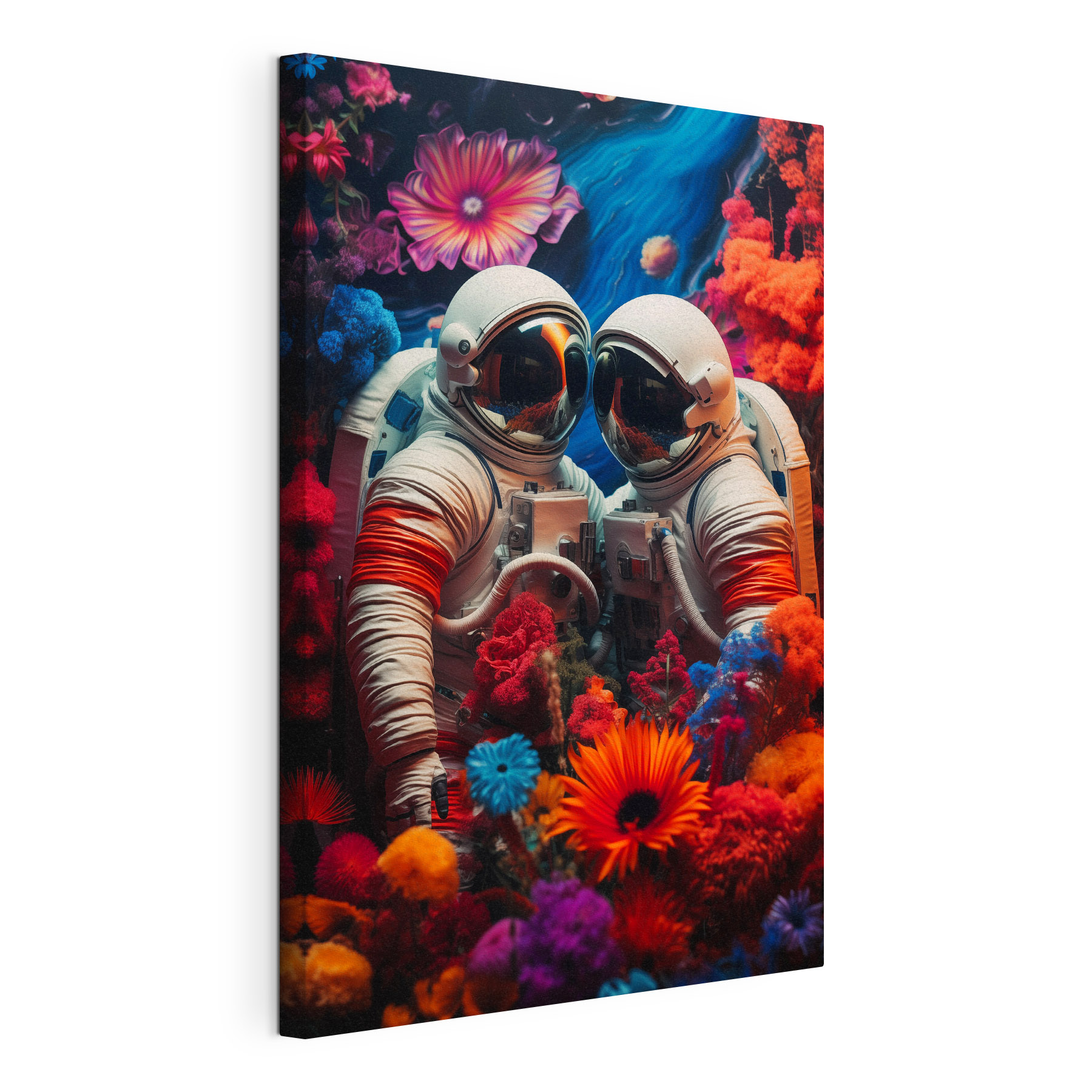 Two astronauts in space suits and flowers Two astronauts in space suits and flowers