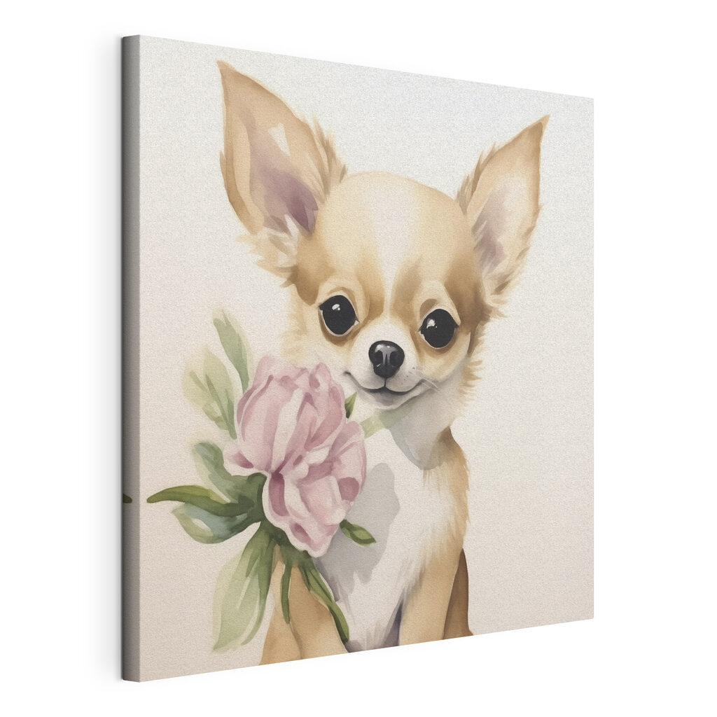 Painting of a dog holding a flower