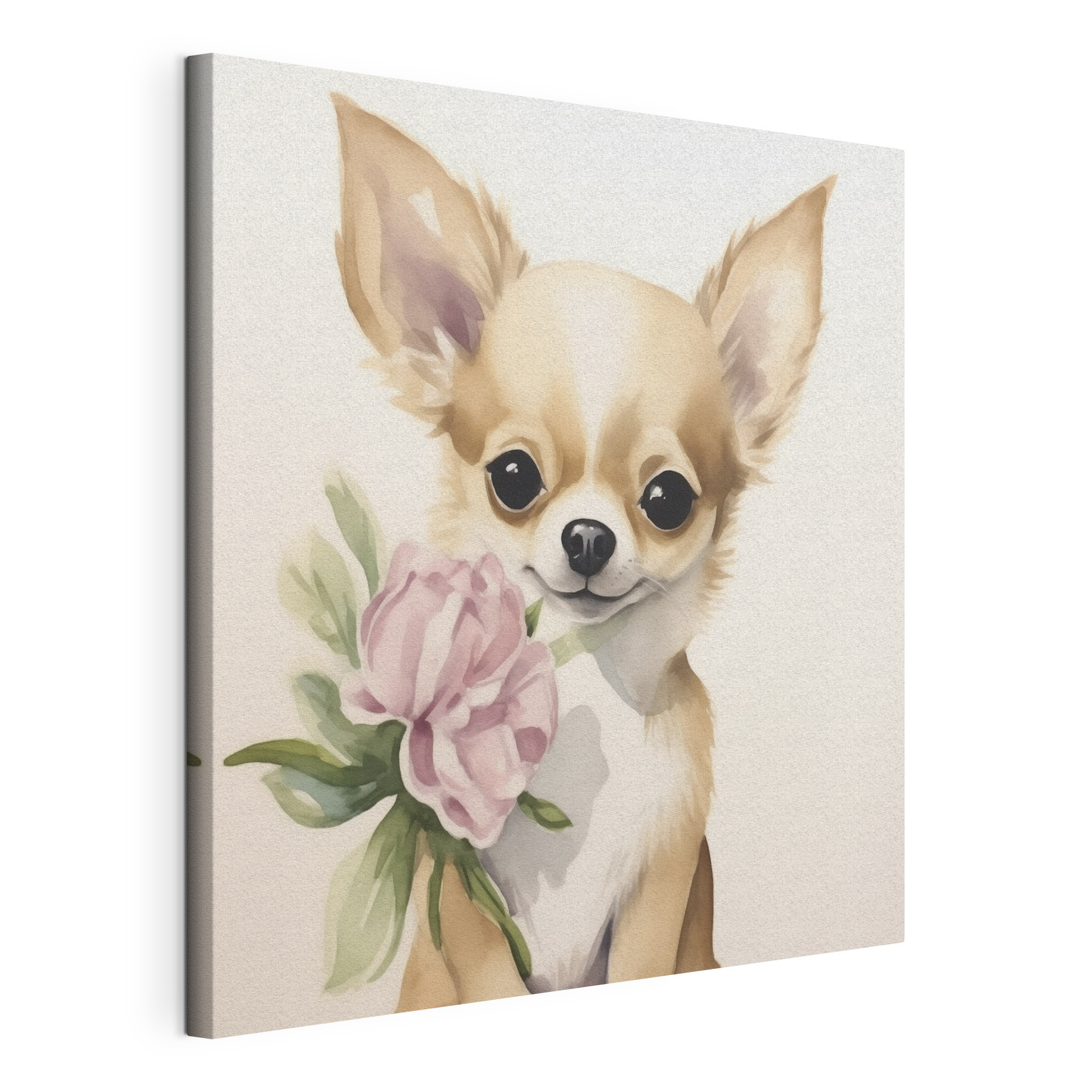 Painting of a dog holding a flower