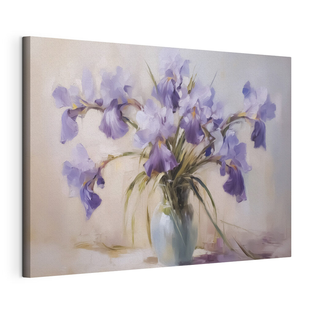 Painting of purple flowers in a vase Painting of purple flowers in a vase