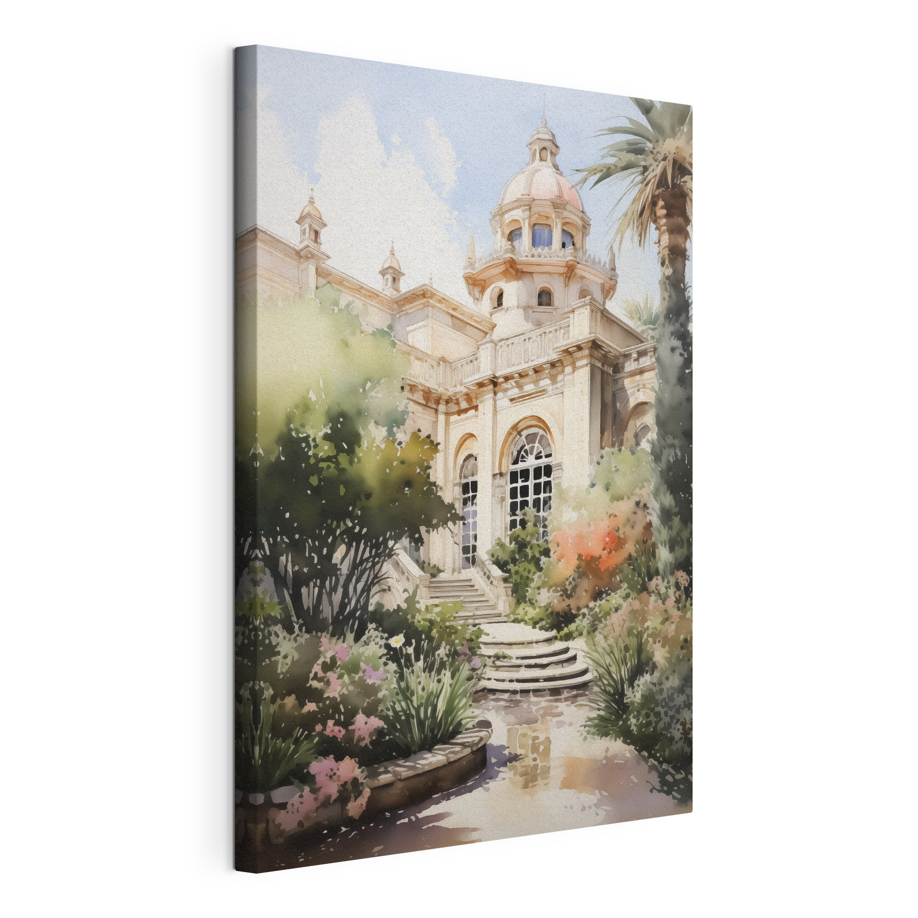Watercolor painting of a building with a tower and stairs Watercolor painting of a building with a tower and stairs