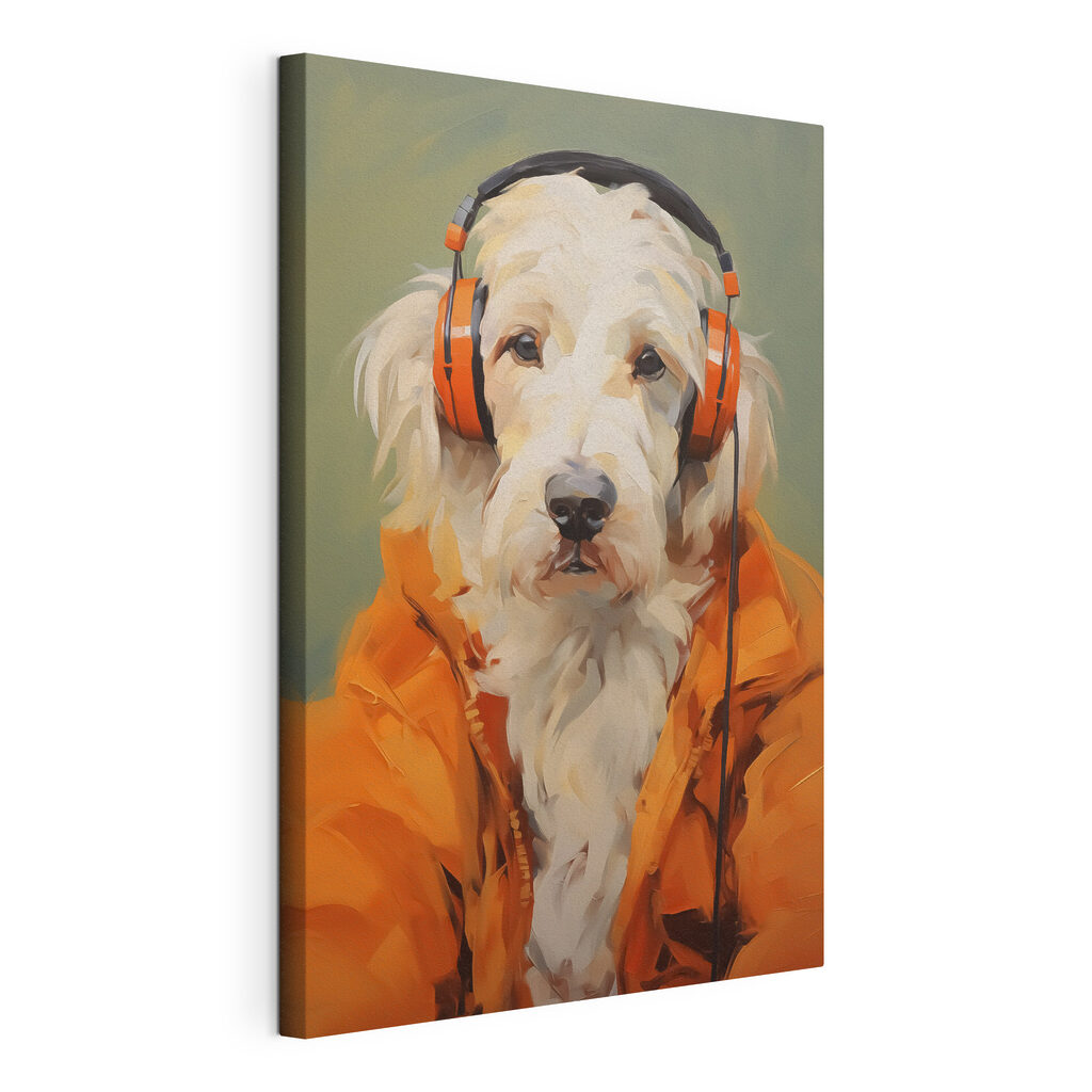 Dog wearing orange headphones Dog wearing orange headphones