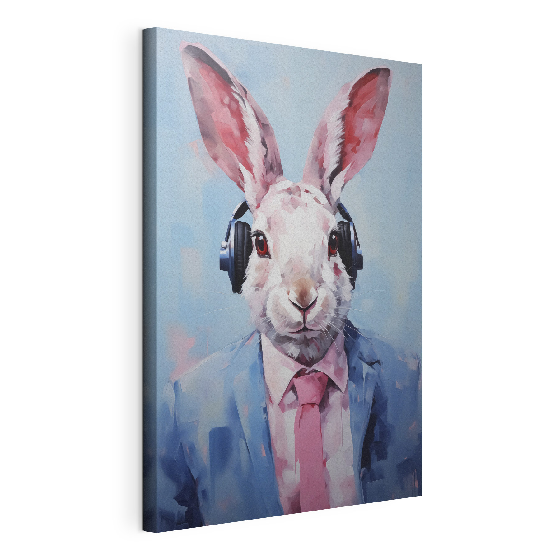 Rabbit wearing headphones and a suit