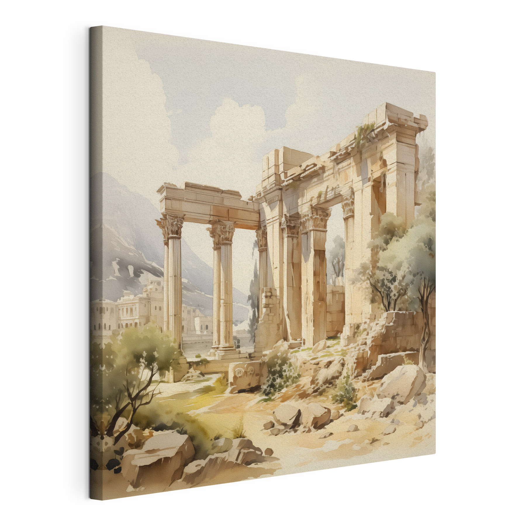 Painting of a stone building with columns Painting of a stone building with columns