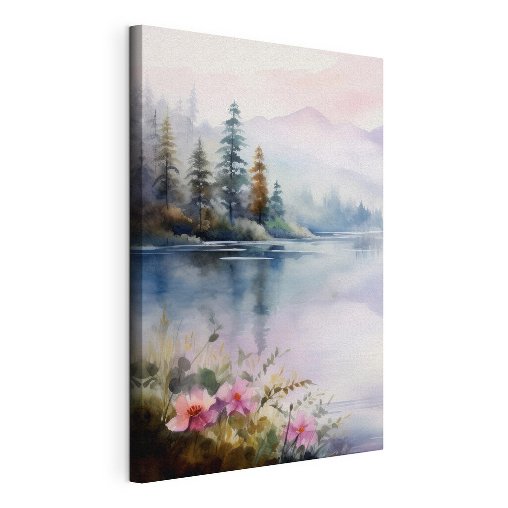 Watercolor painting of a lake with trees and flowers