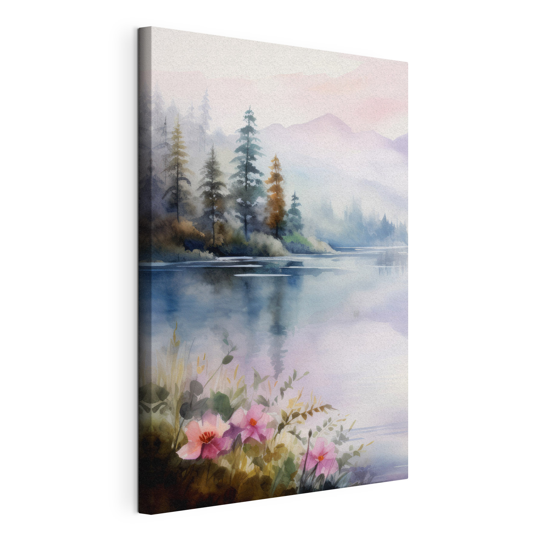 Watercolor painting of a lake with trees and flowers