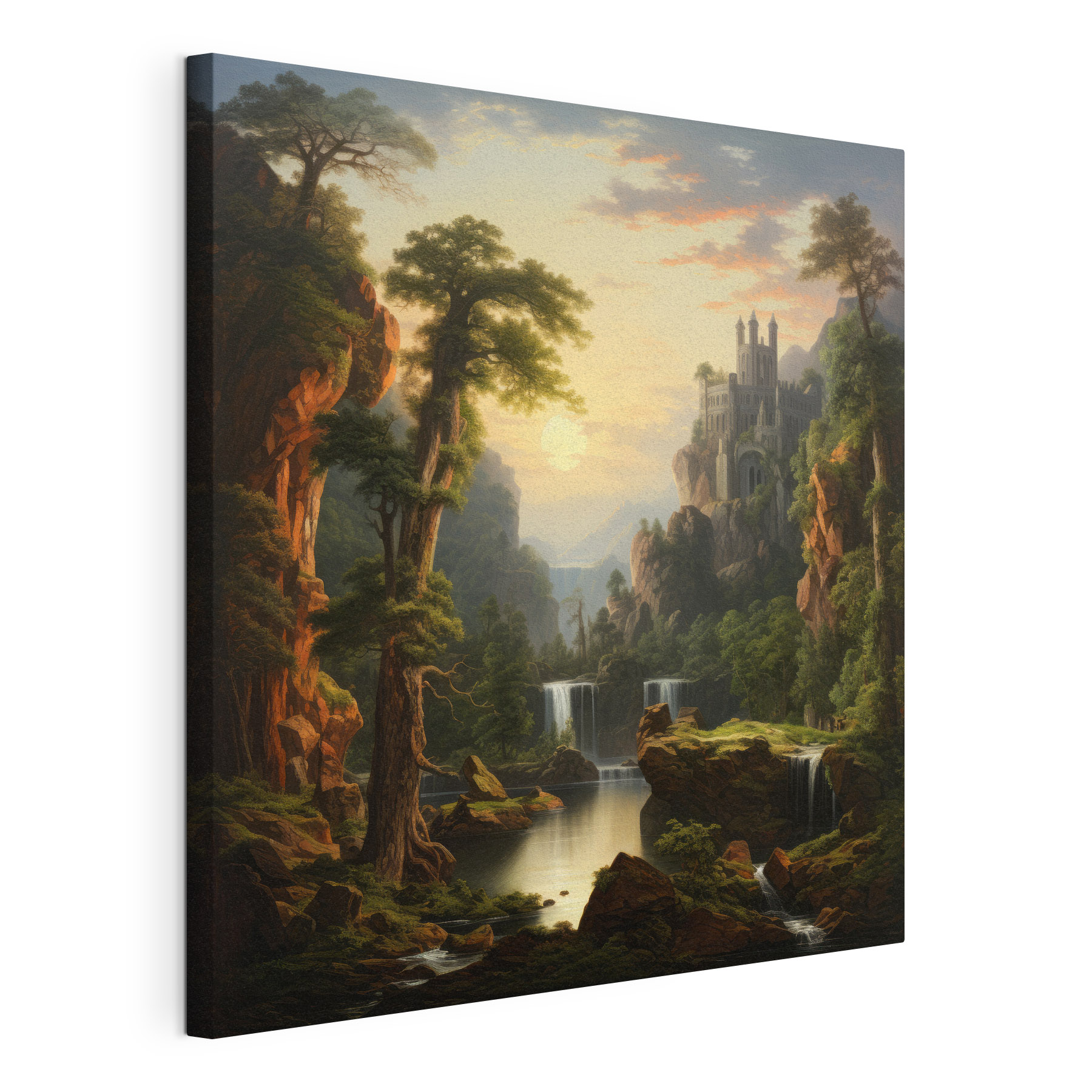 Waterfall and a castle in the mountains