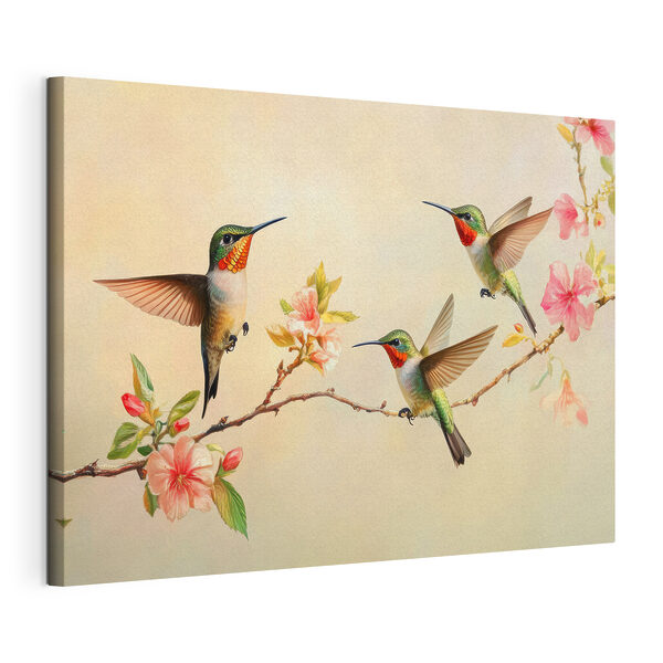Cuadros Grupo de colibríes en una rama con flores (SKU: s42392) Cuadros Cuadros Grupo de colibríes en una rama con flores (SKU: s42392)