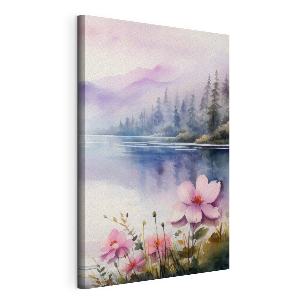 Watercolor painting of flowers and trees by a lake Watercolor painting of flowers and trees by a lake