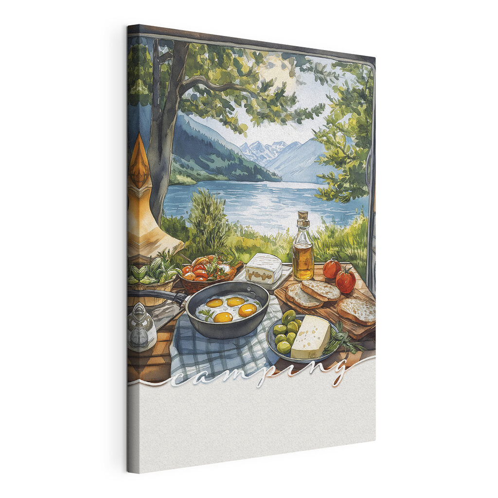 Table with food on it by a lake
