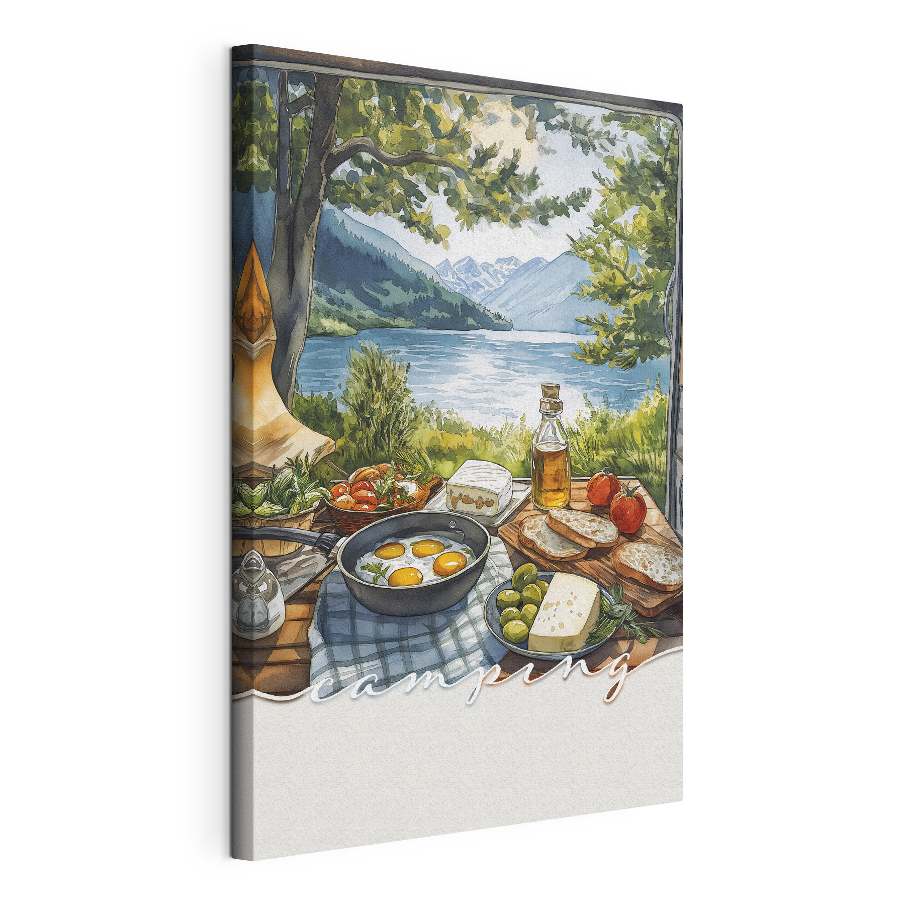 Table with food on it by a lake