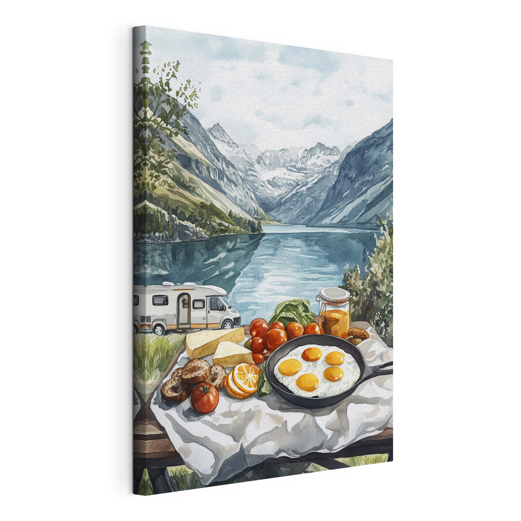 Food on a table next to a lake Food on a table next to a lake