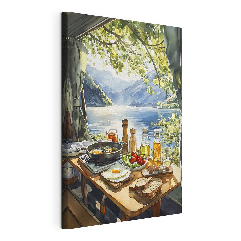 Table with food and drinks on it by a lake Table with food and drinks on it by a lake