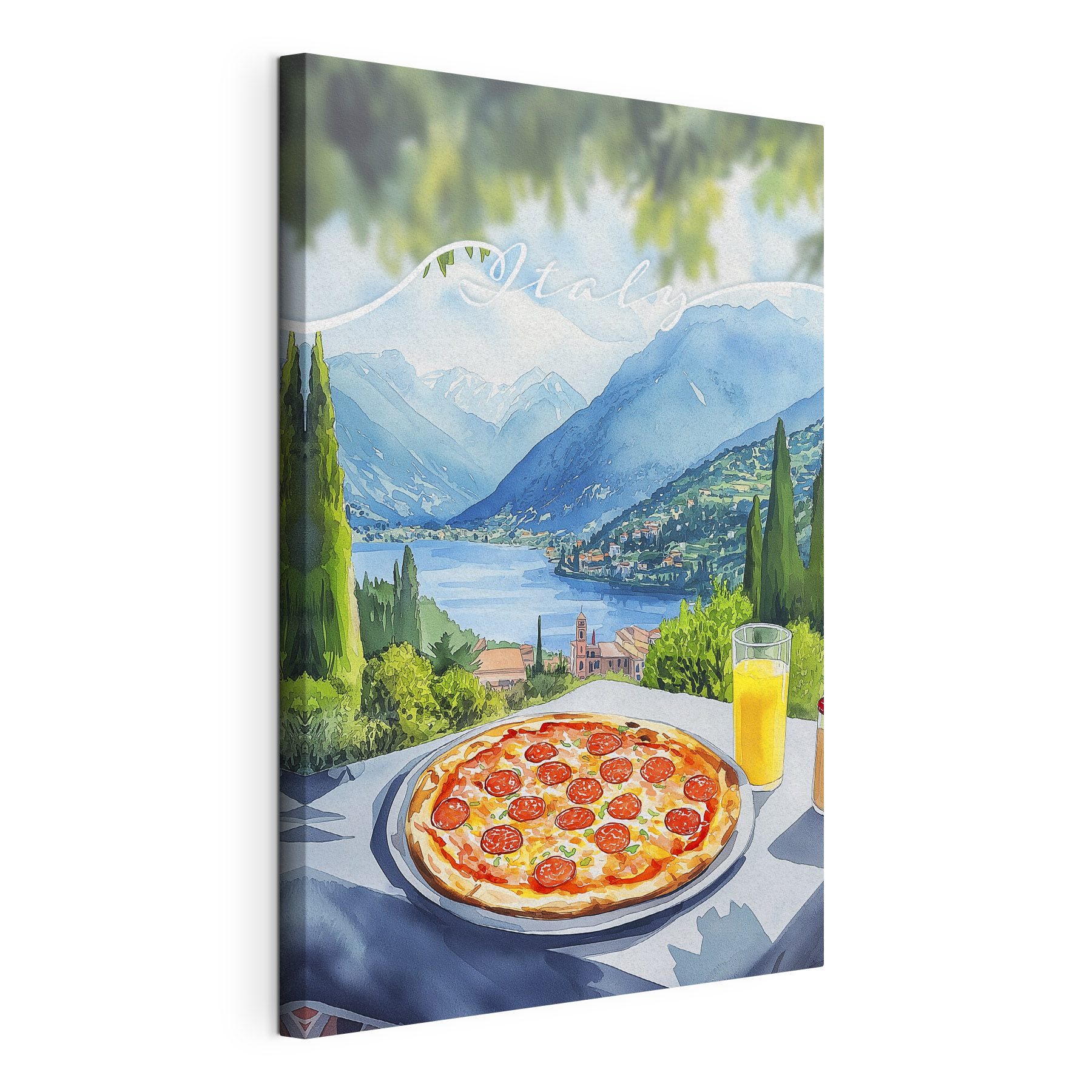 Pizza and juice on a table with mountains and trees