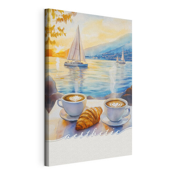 Cuadros Dos tazas de café y un croissant sobre una mesa, con un velero al fondo (SKU: s42438) Cuadros Cuadros Dos tazas de café y un croissant sobre una mesa, con un velero al fondo (SKU: s42438)