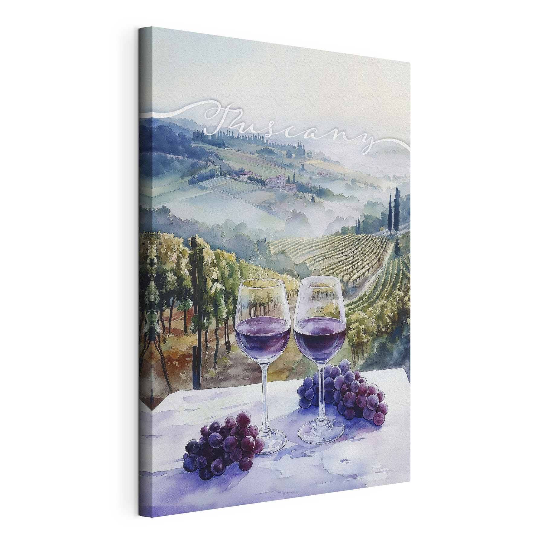 Watercolor painting of wine glasses and grapes on a table