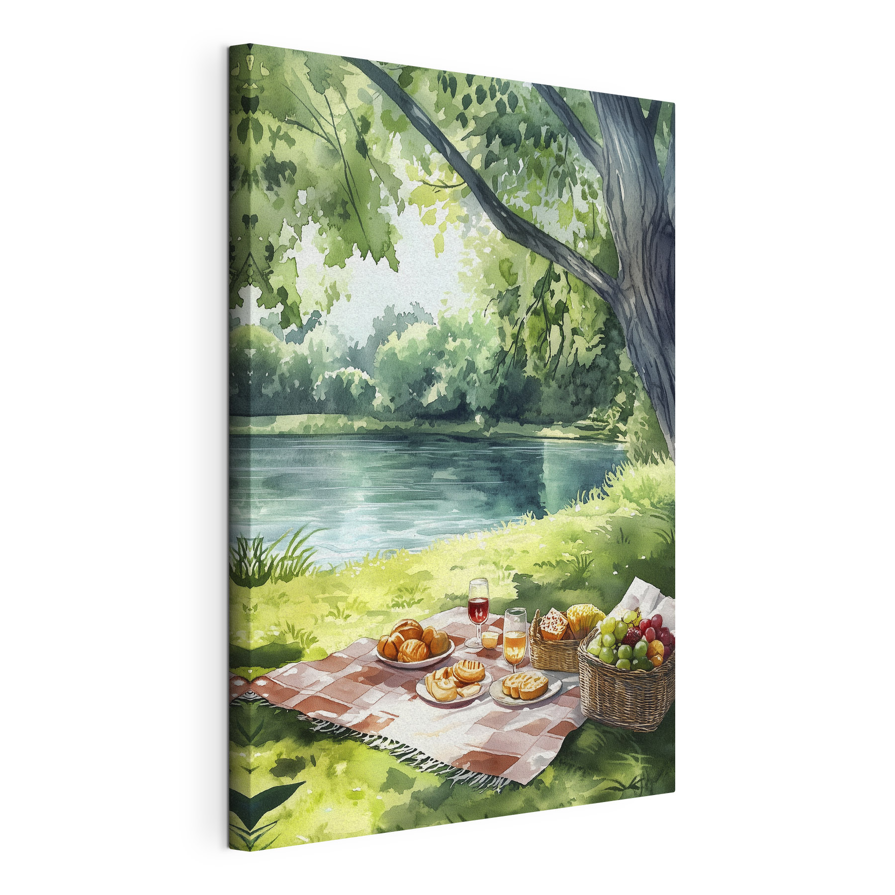 Watercolor painting of food on a picnic blanket by a lake Watercolor painting of food on a picnic blanket by a lake