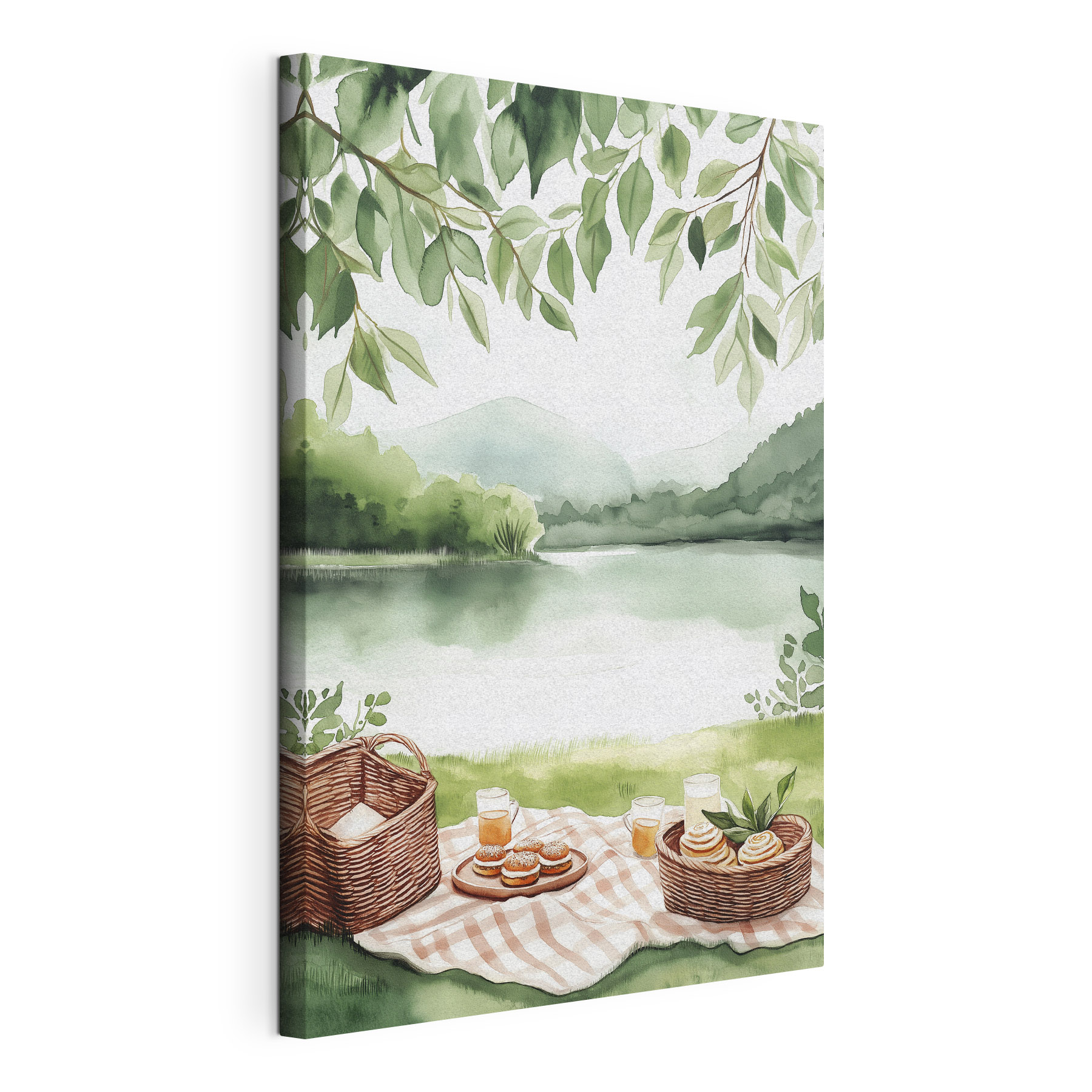 Watercolor painting of a picnic blanket with a basket and food on it Watercolor painting of a picnic blanket with a basket and food on it