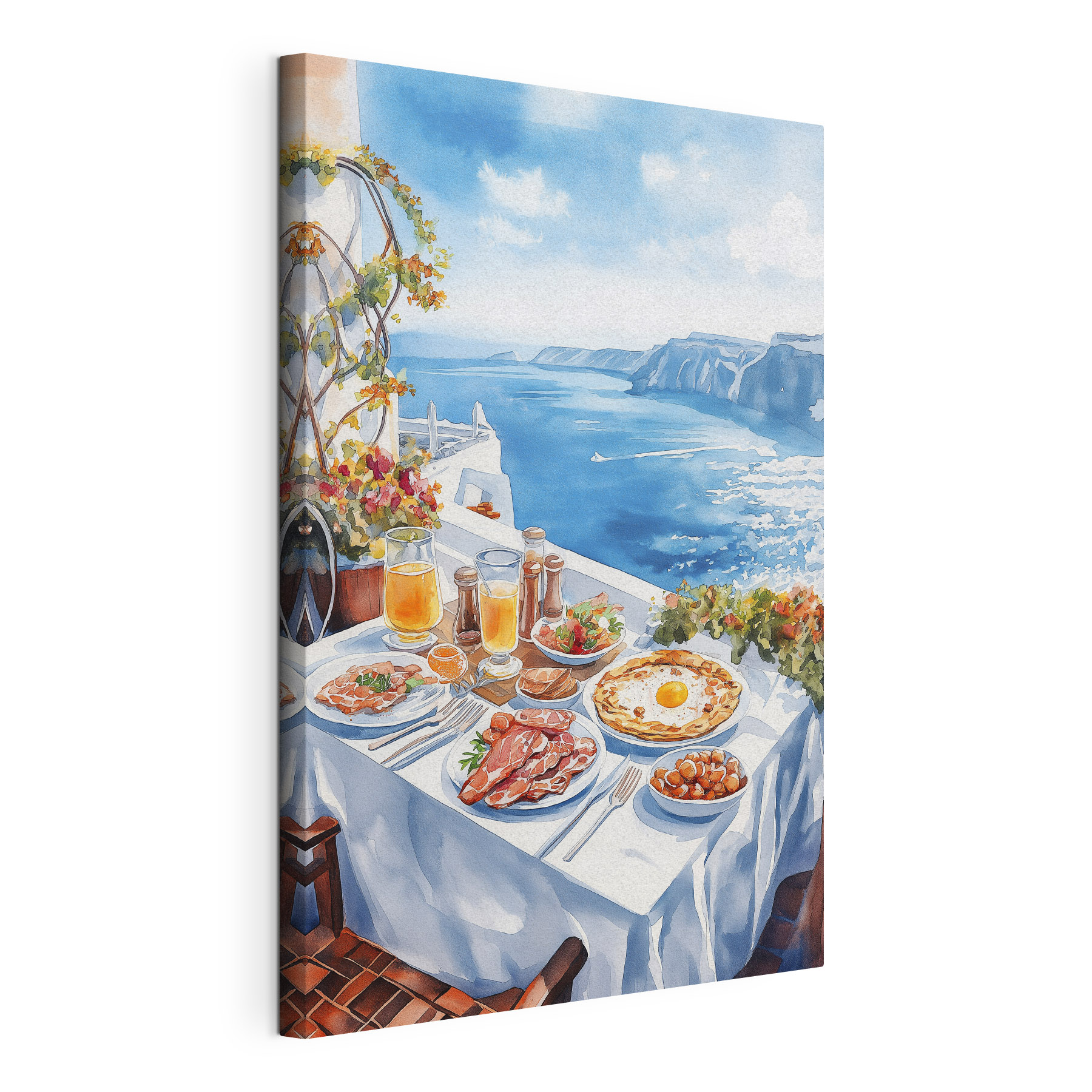 Watercolor painting of food on a table overlooking a body of water Watercolor painting of food on a table overlooking a body of water