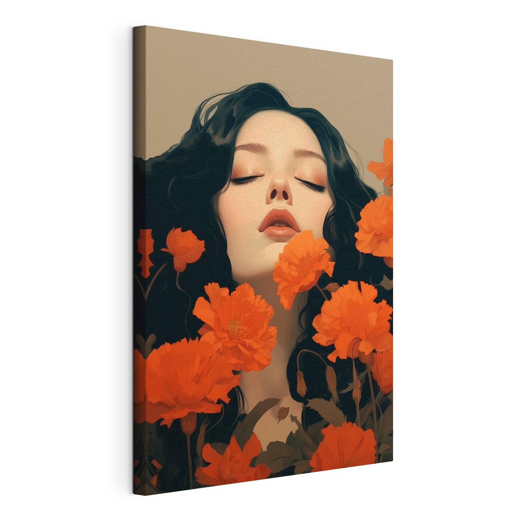 Woman with long black hair surrounded by red flowers Woman with long black hair surrounded by red flowers