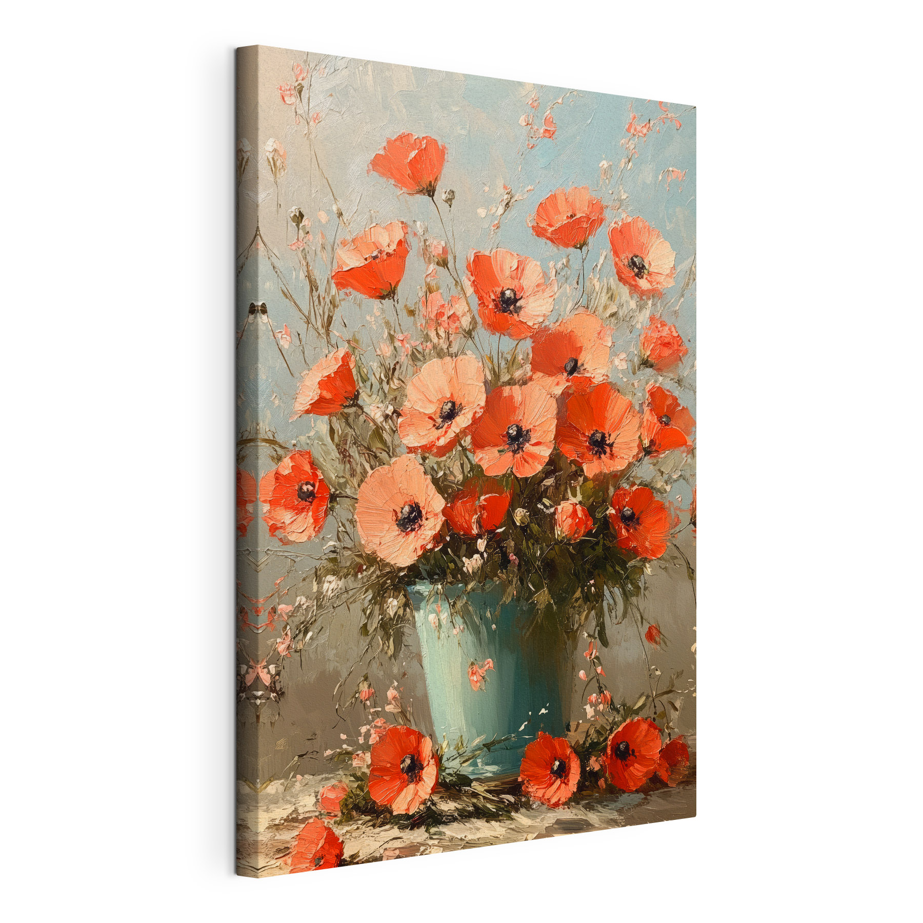 Painting of flowers in a blue vase