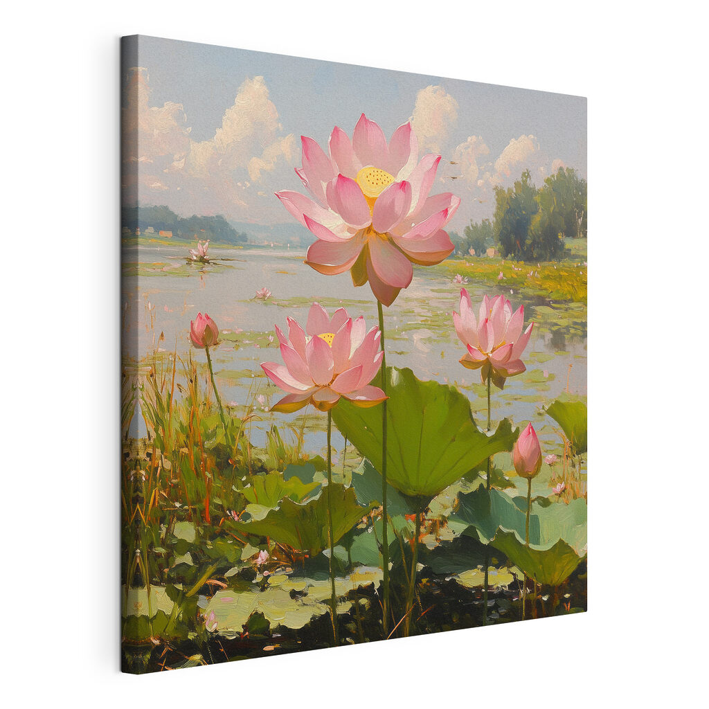 Pink flowers on a lake
