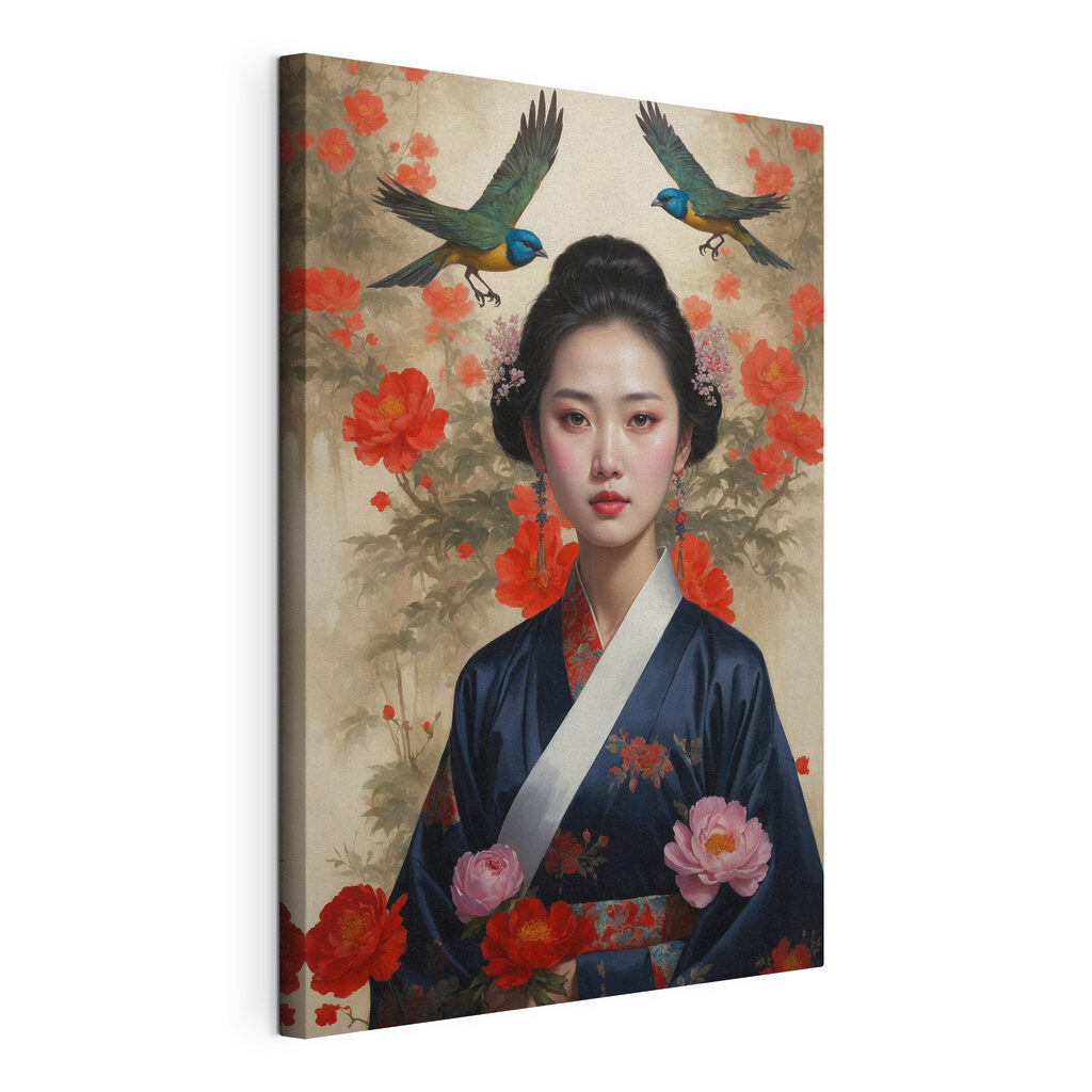 Woman in a kimono with flowers and birds Woman in a kimono with flowers and birds