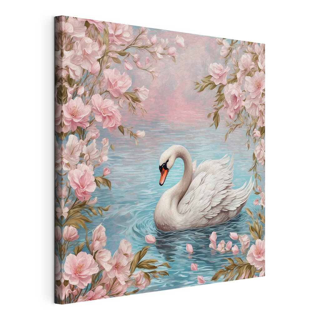 Swan swimming in water with pink flowers Swan swimming in water with pink flowers