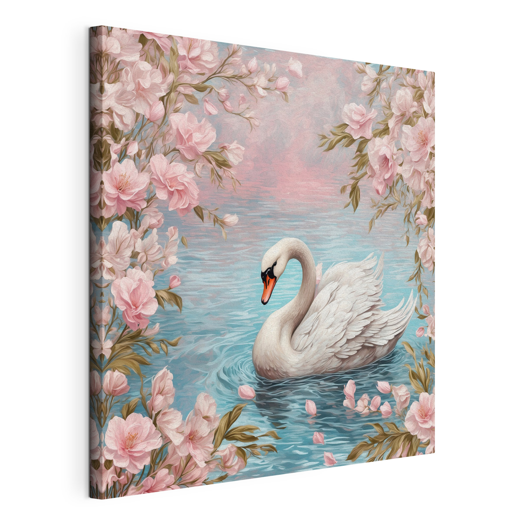 Swan swimming in water with pink flowers Swan swimming in water with pink flowers