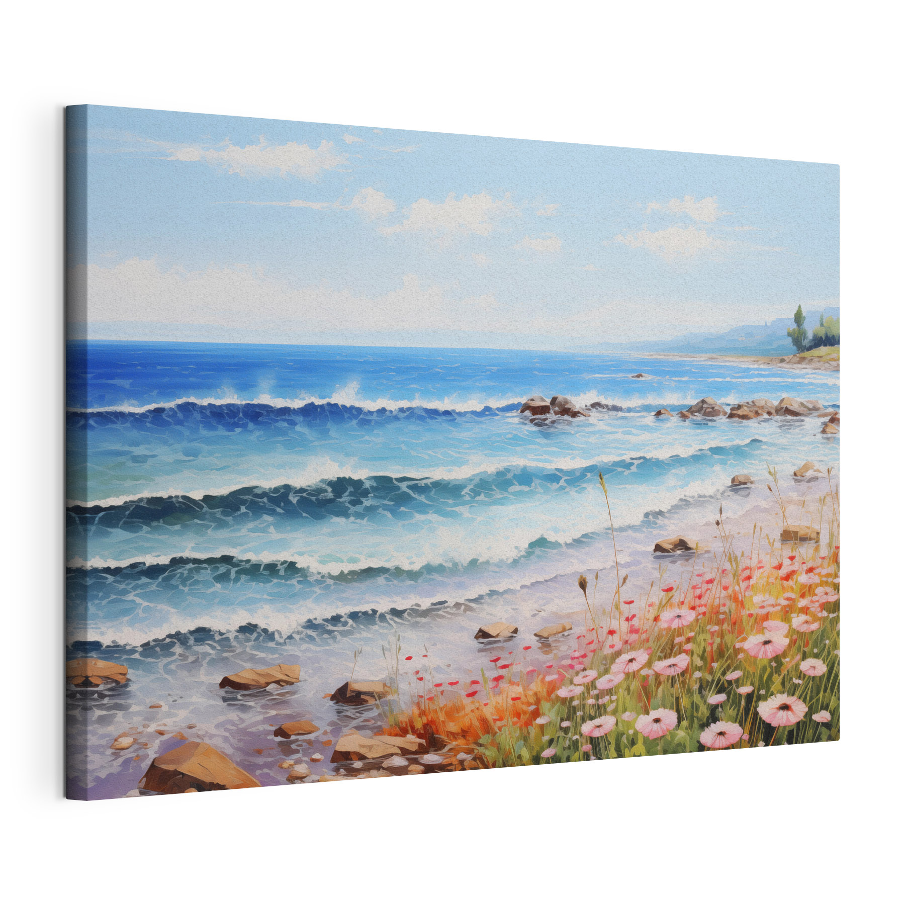Painting of a beach with flowers and waves