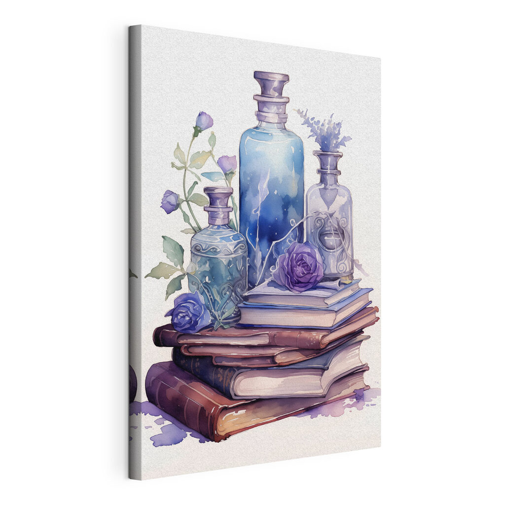 Watercolor painting of a stack of books and bottles Watercolor painting of a stack of books and bottles