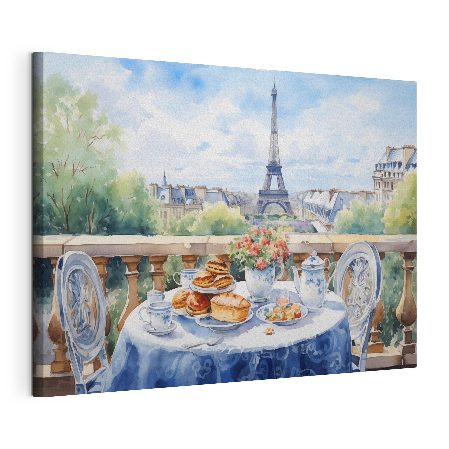 Watercolor painting of a table with food on it Watercolor painting of a table with food on it