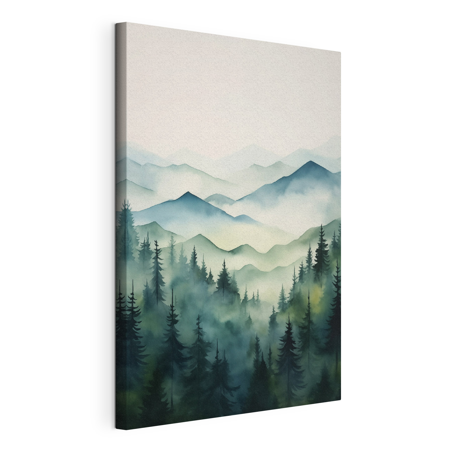 Painting of a mountain range with trees and fog Painting of a mountain range with trees and fog